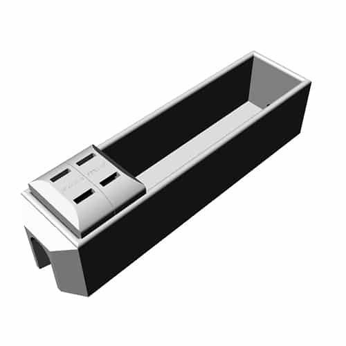 Rectangular desk power outlet and storage compartment. White receptacles sit within a gray box.