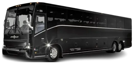 A black bus is parked on a white background.