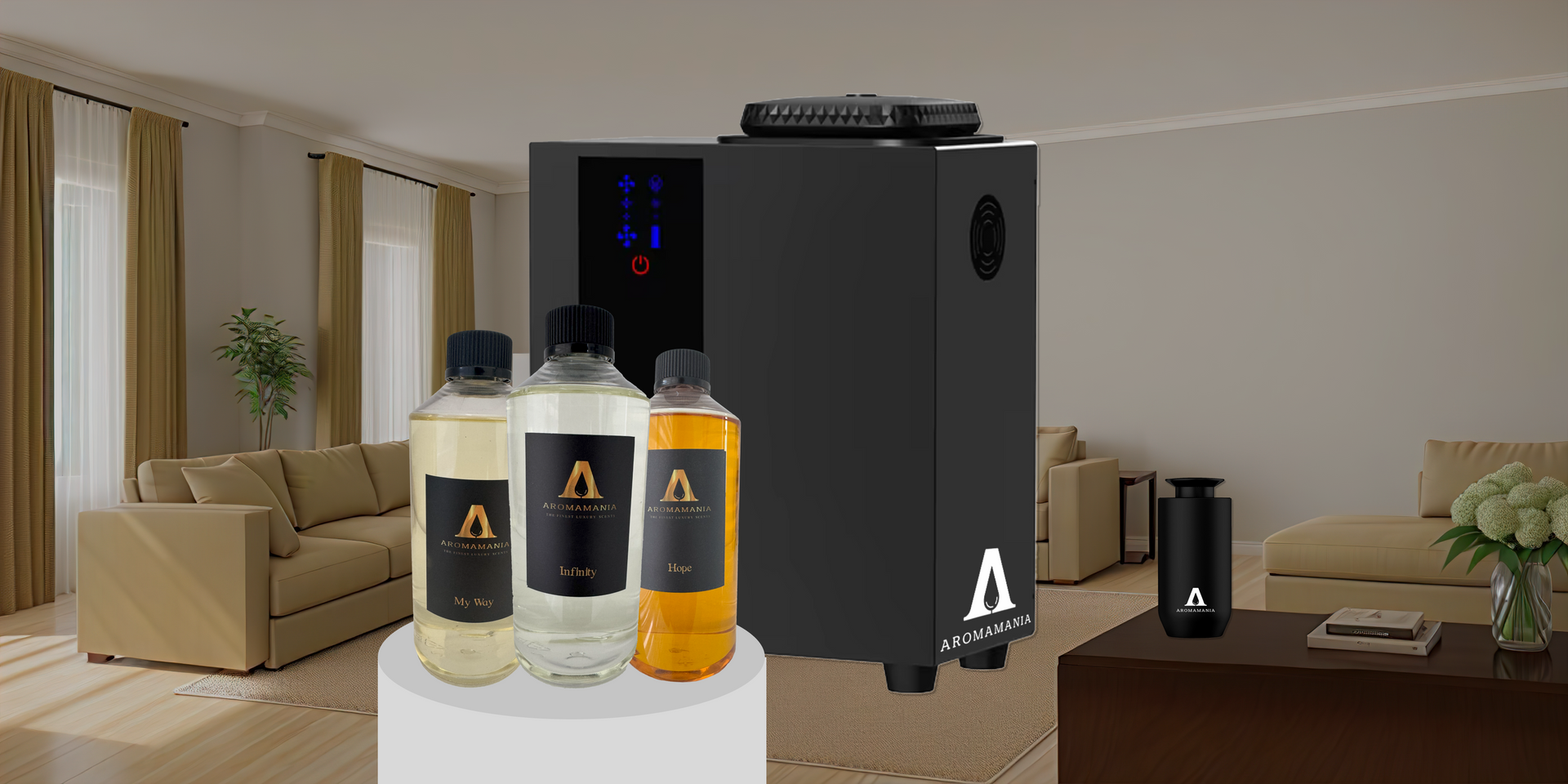 A living room with a couch , table , and bottles of perfume.