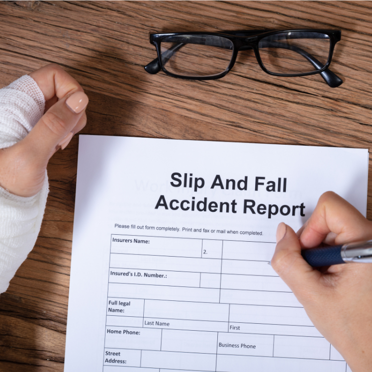 A person is filling out a slip and fall accident report