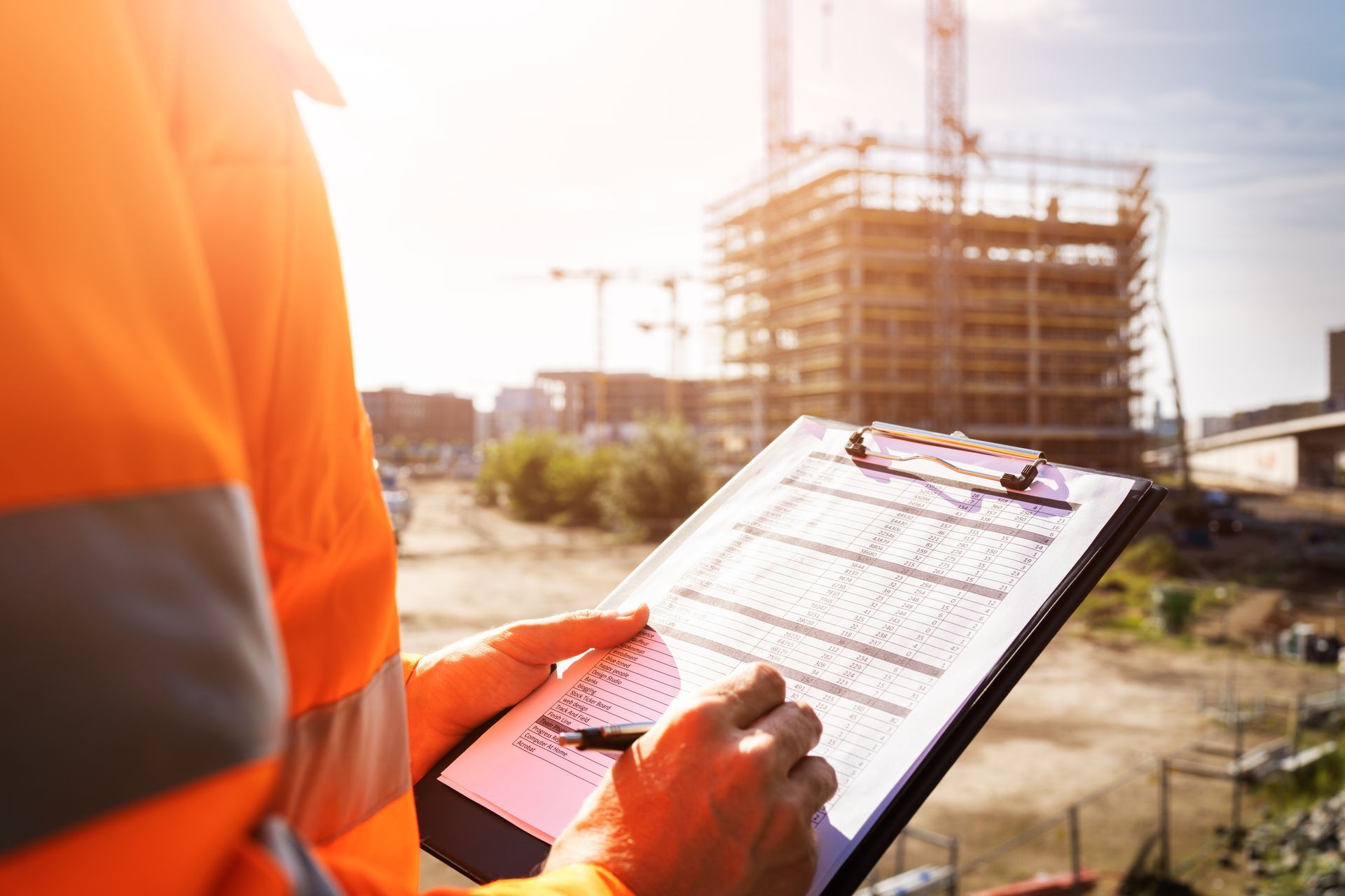 A construction worker is holding a clipboard and writing on it.