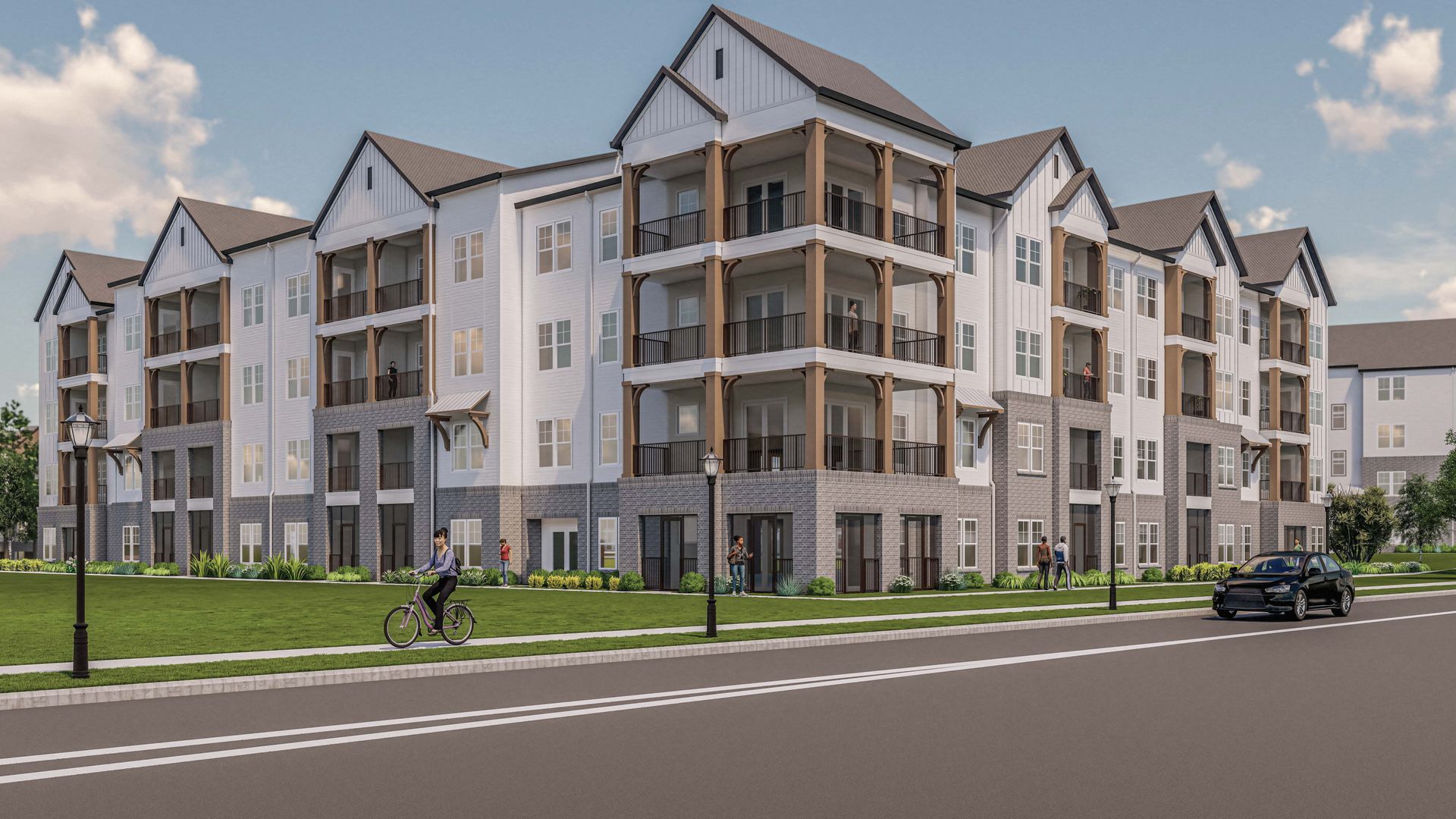 An artist 's impression of a large apartment building with a car parked in front of it.