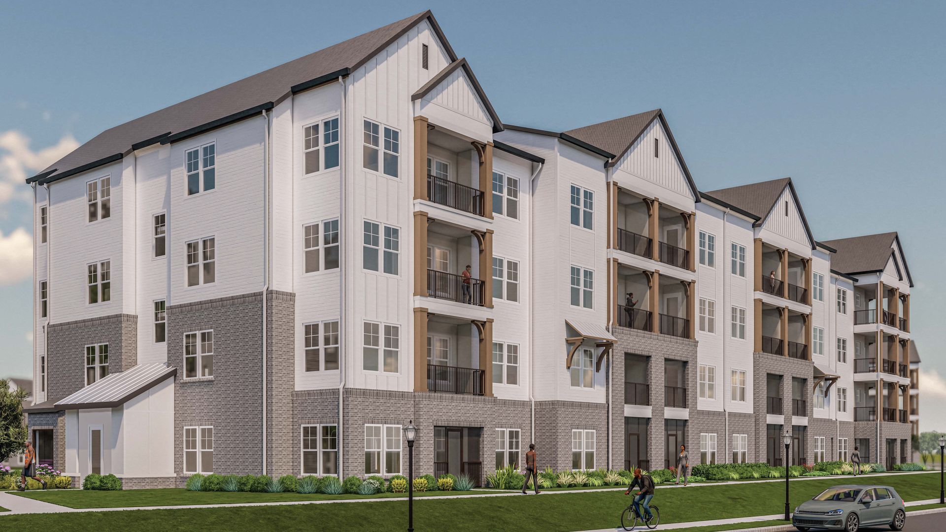An artist 's impression of a large apartment building with a car parked in front of it.