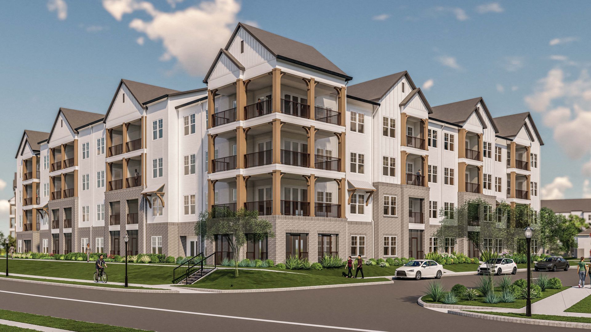 An artist 's impression of a large apartment building with cars parked in front of it.