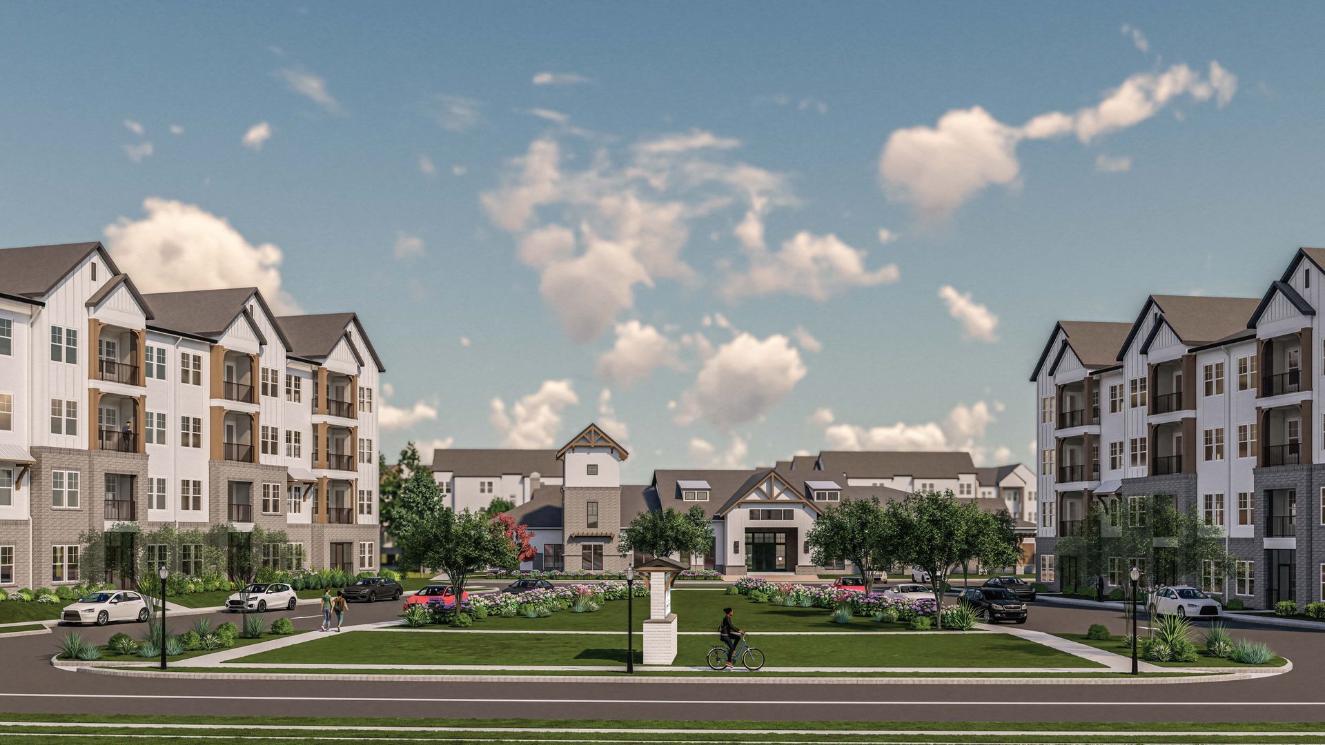 An artist 's impression of a large apartment complex with a statue in the middle.