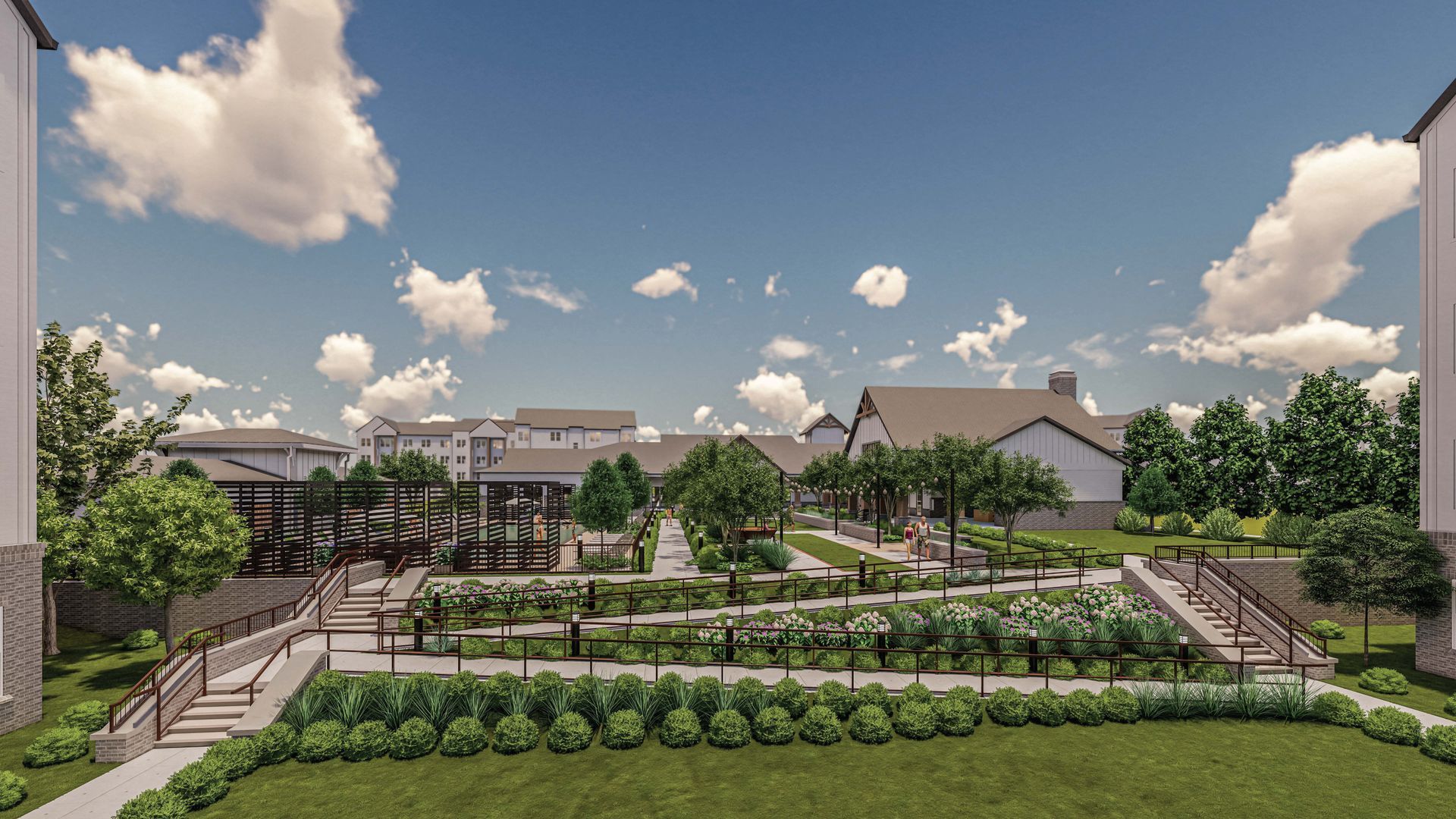 An artist 's impression of a park surrounded by buildings and trees.