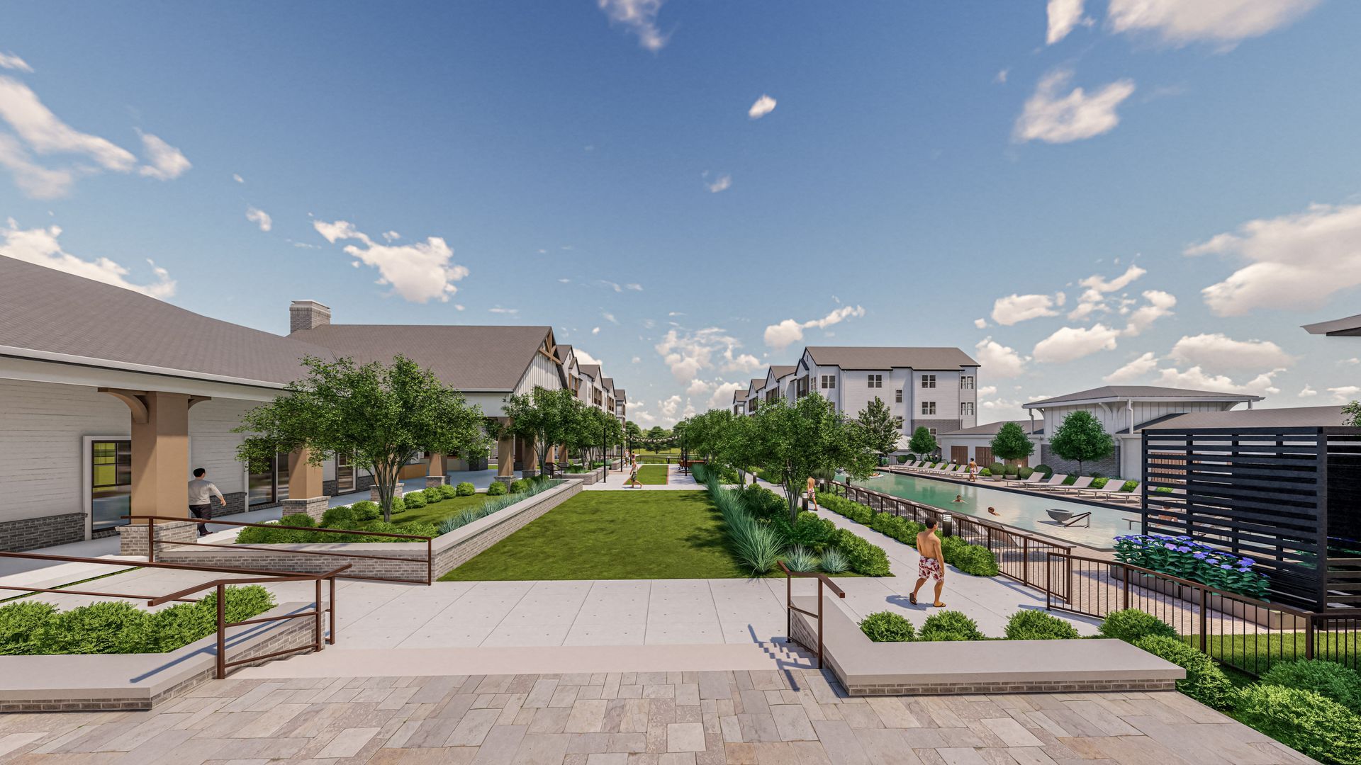 An artist 's impression of a residential area with a large lawn and buildings.