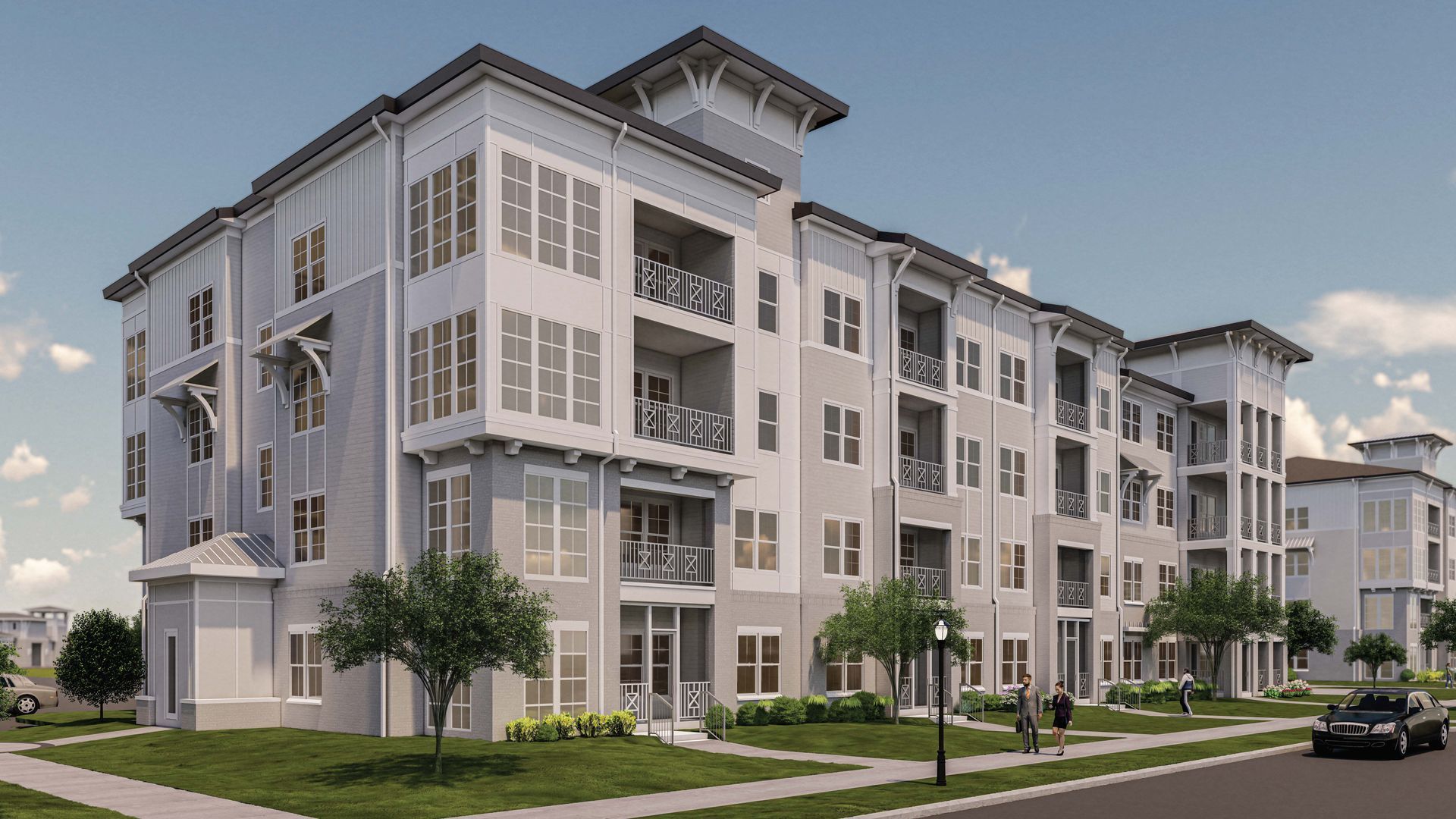 An artist 's impression of a large apartment building with a car parked in front of it.