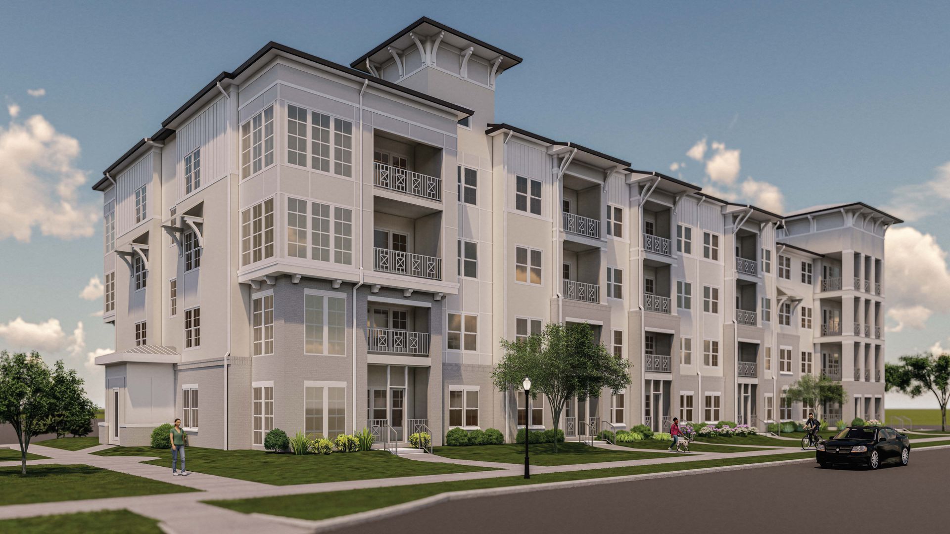 An artist 's impression of a large apartment building with a car parked in front of it.