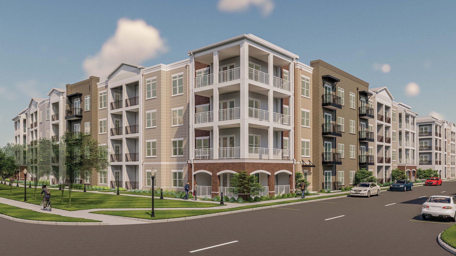 An artist 's impression of a large apartment building with cars parked in front of it.