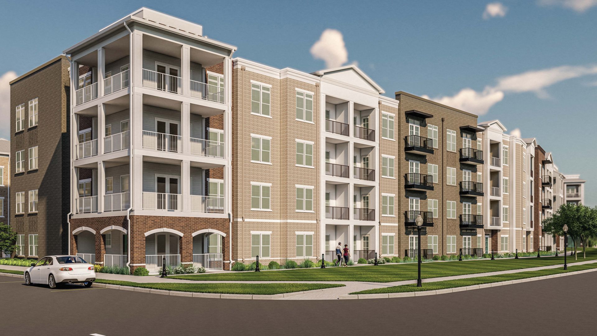 Multi-story apartment building on a corner, featuring brick and balconies. A white car parked in front.