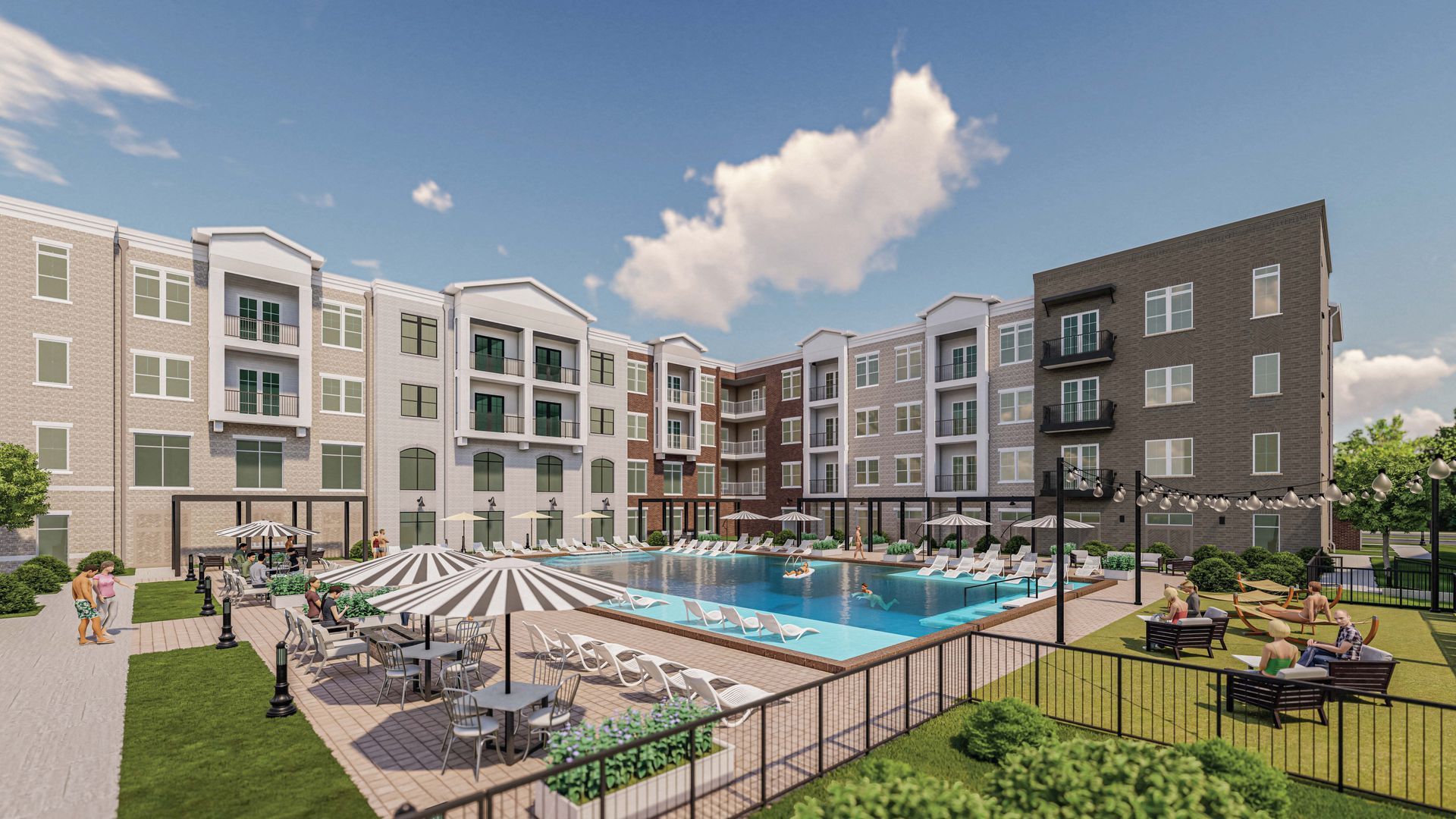 An artist 's impression of a large apartment building with a swimming pool in the middle.