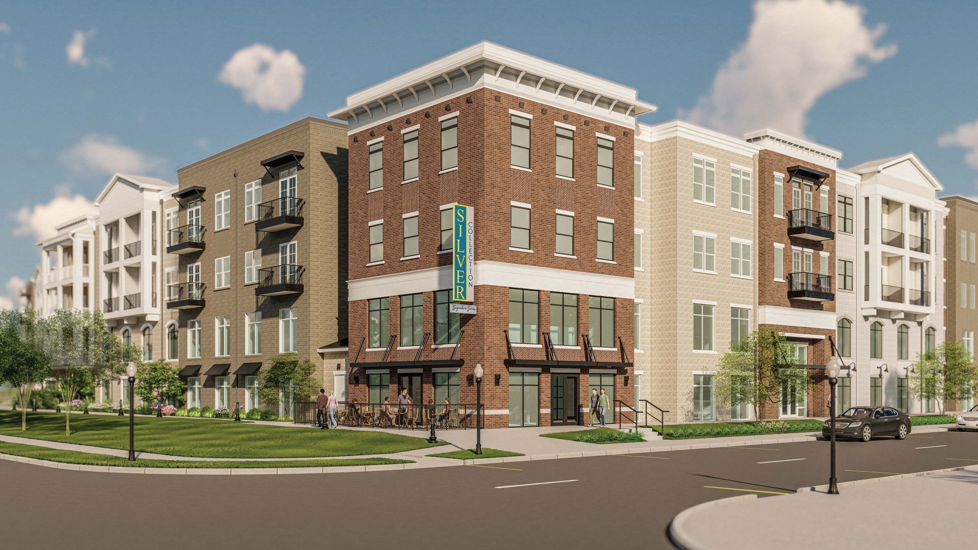 An artist 's impression of a brick apartment building with a lot of windows.