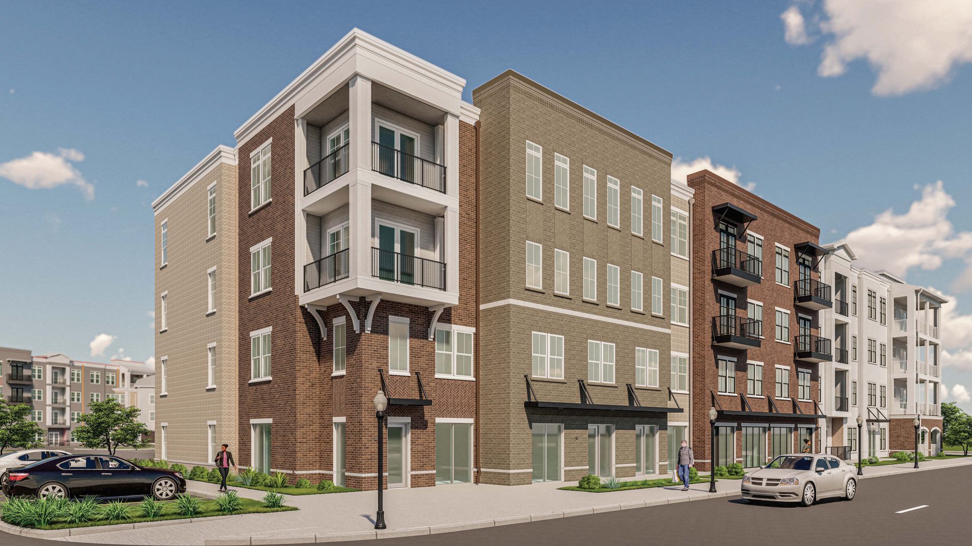 An artist 's impression of a brick apartment building with a car parked in front of it.