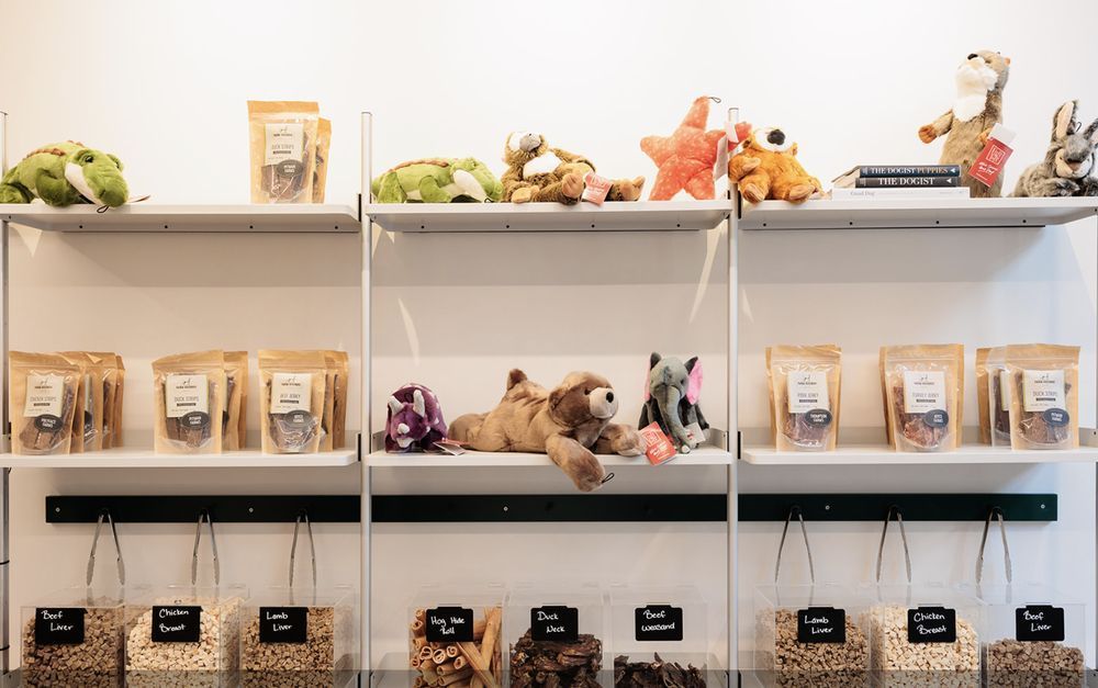 Shelves with bags of treats and stuffed animals in a brightly lit pet store.