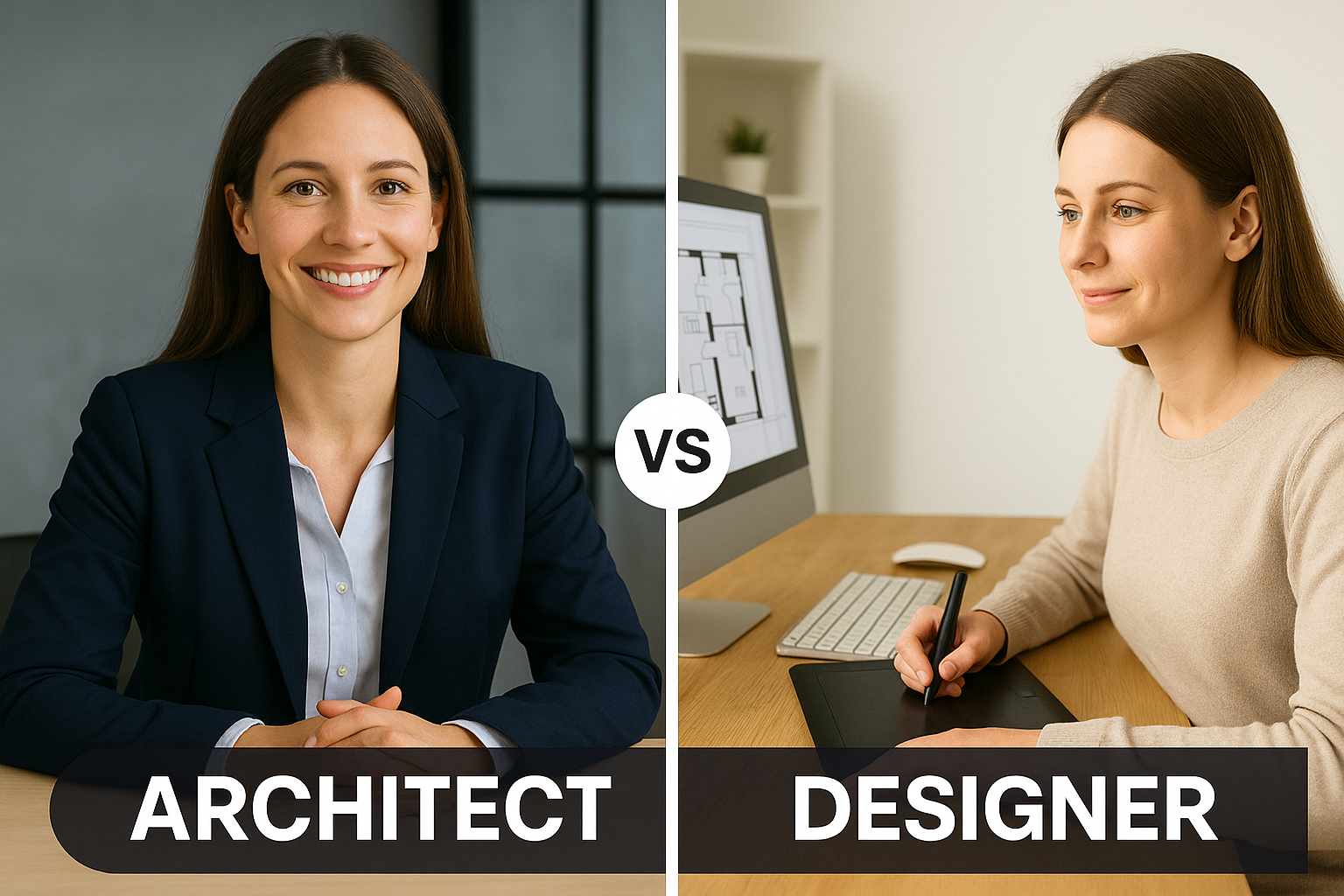 Side-by-side photos: Architect smiling in suit, Designer using stylus at computer, white background. 