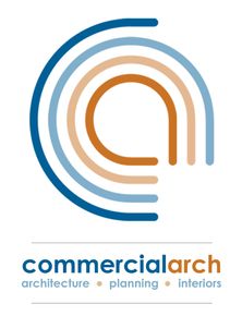 Logo: Blue and orange layered arches with 