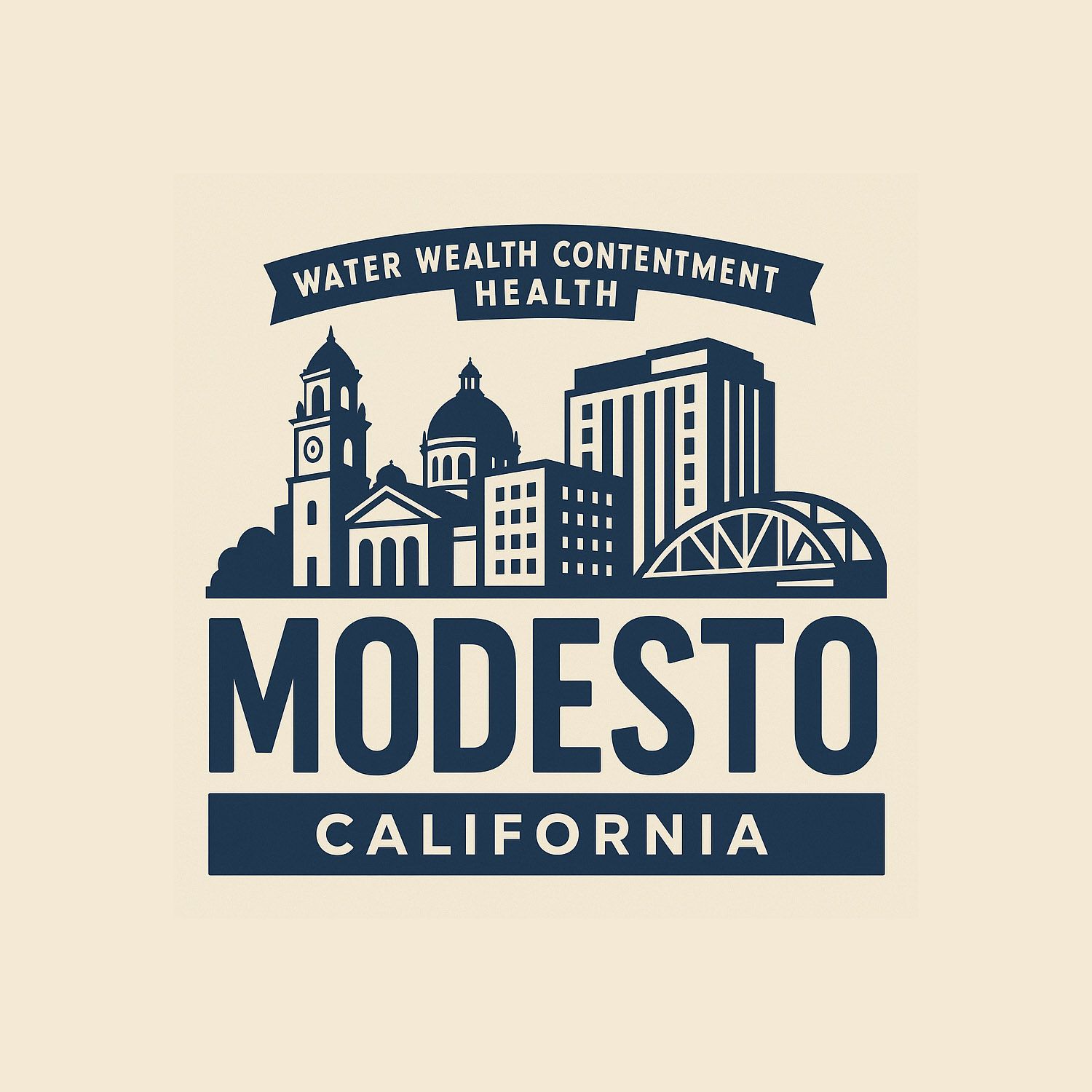 Modesto, California logo: blue city skyline, text
