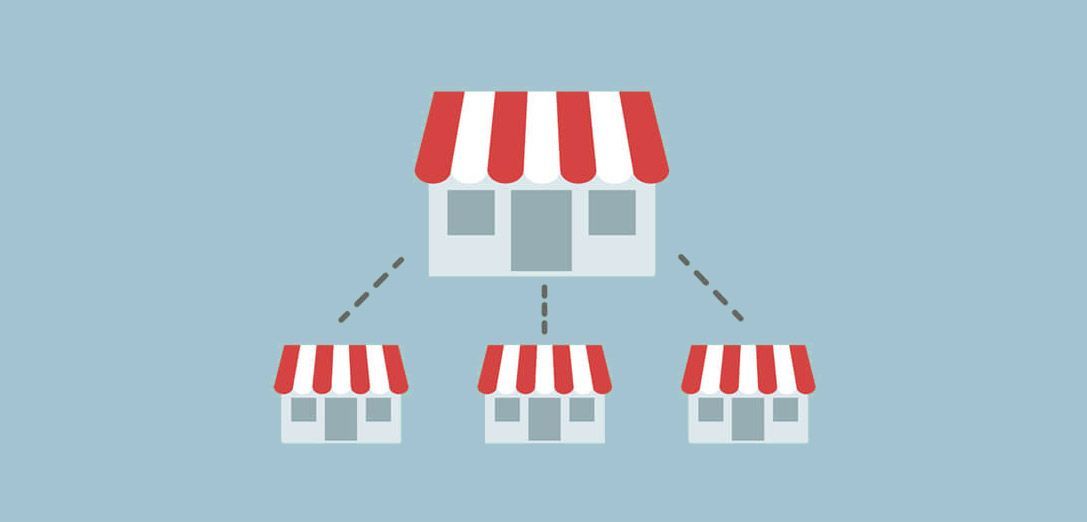 Franchise structure illustration: A central store connects to three smaller stores via dashed lines, all with red and white awnings.