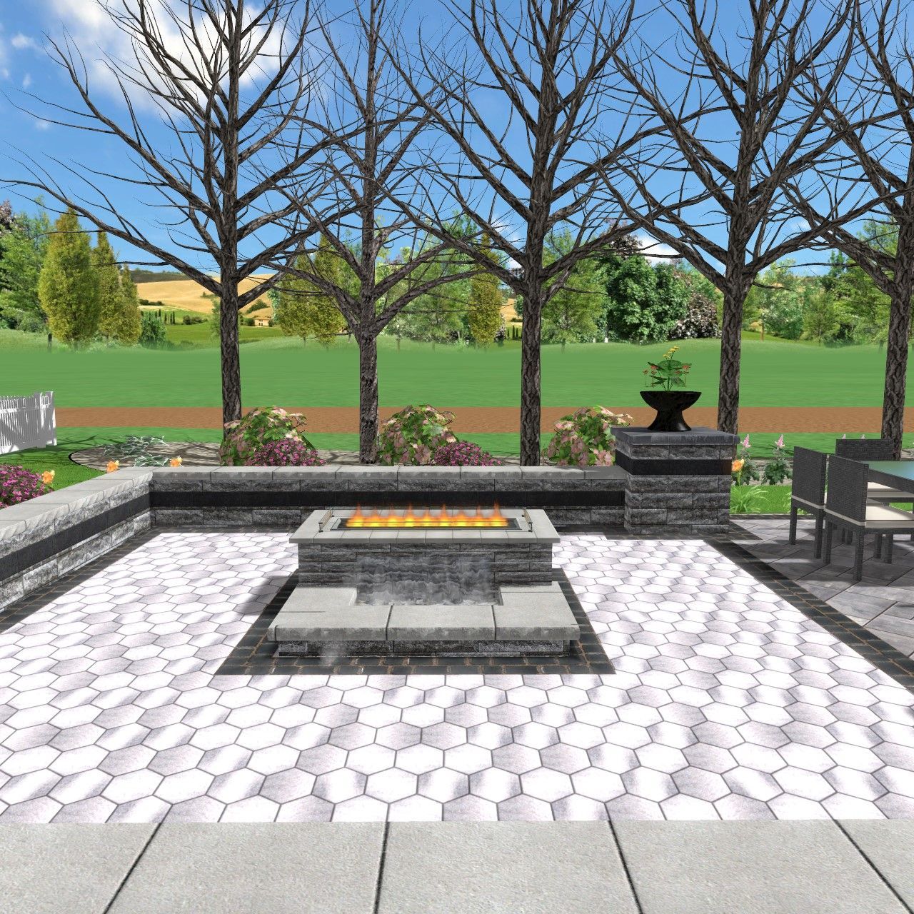 A computer generated image of a patio with a fire pit