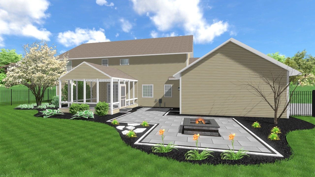 A 3d rendering of a house with a fire pit in the backyard.