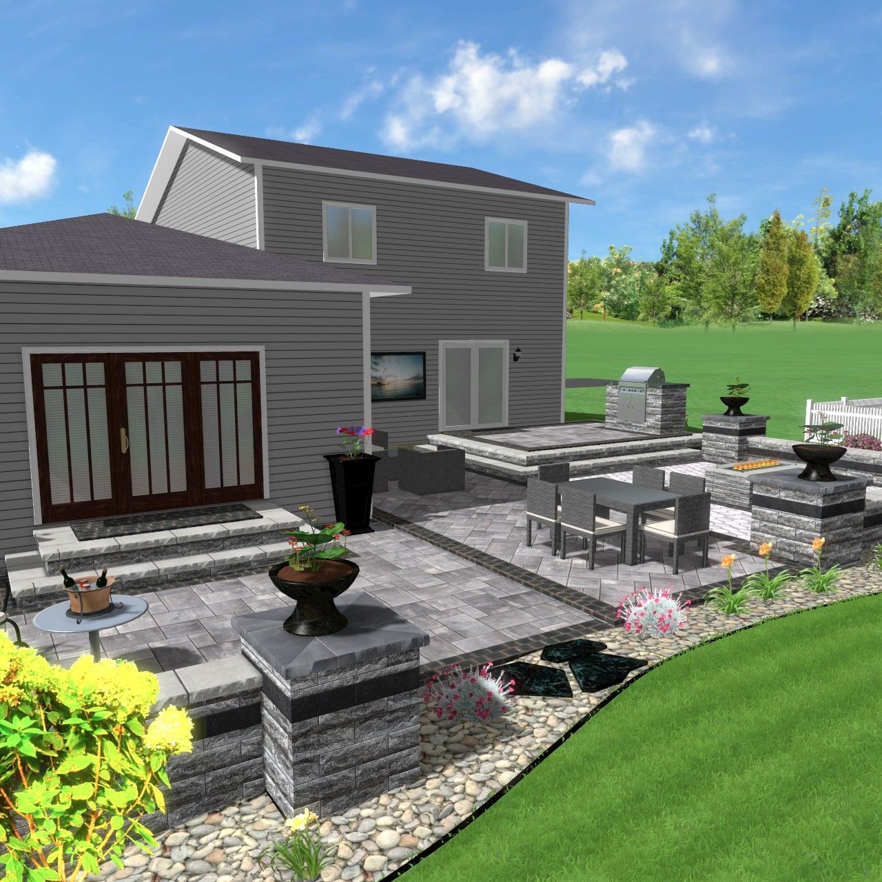 A computer generated image of a house with a patio