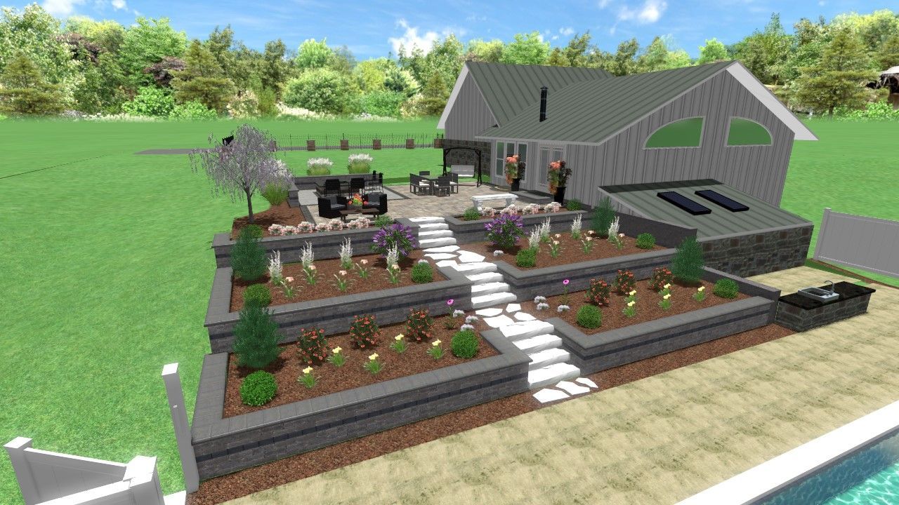 A 3d rendering of a house with a patio and a swimming pool.