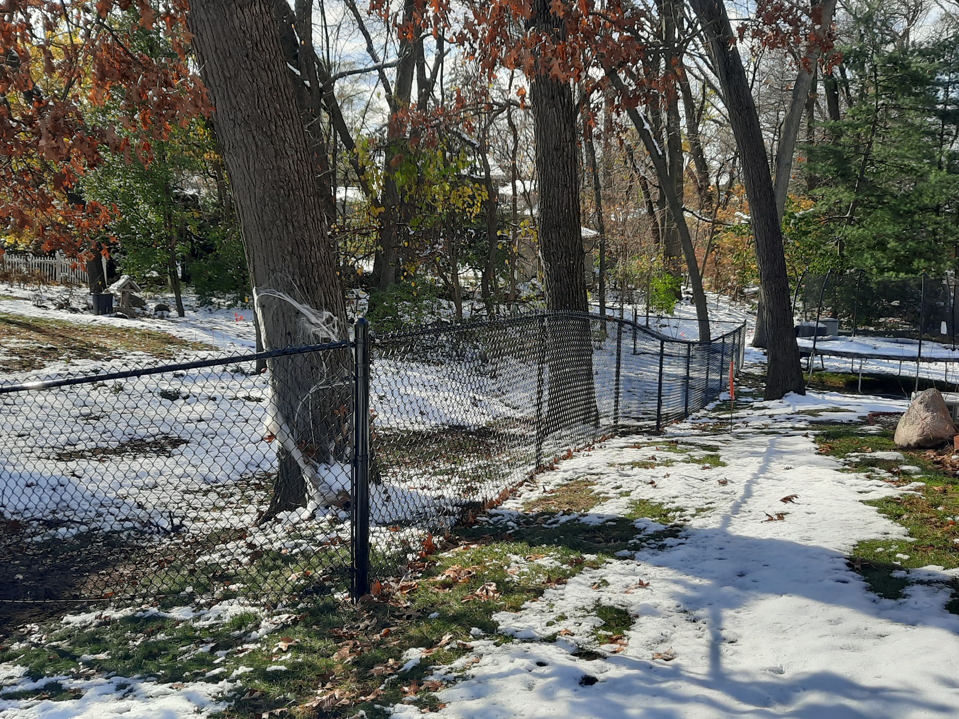 A chain link fence is surrounded by snow and trees.