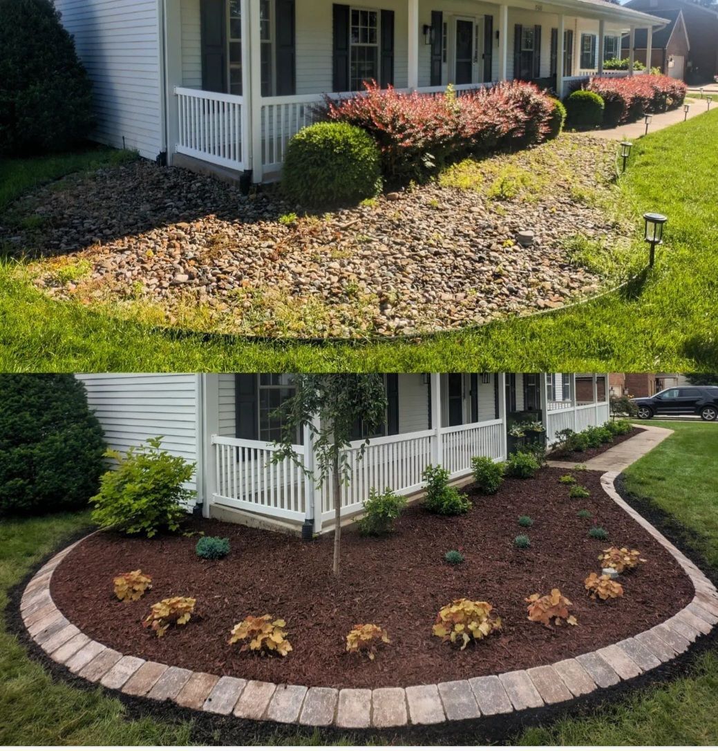A before and after picture of a house with a circular garden in front of it.