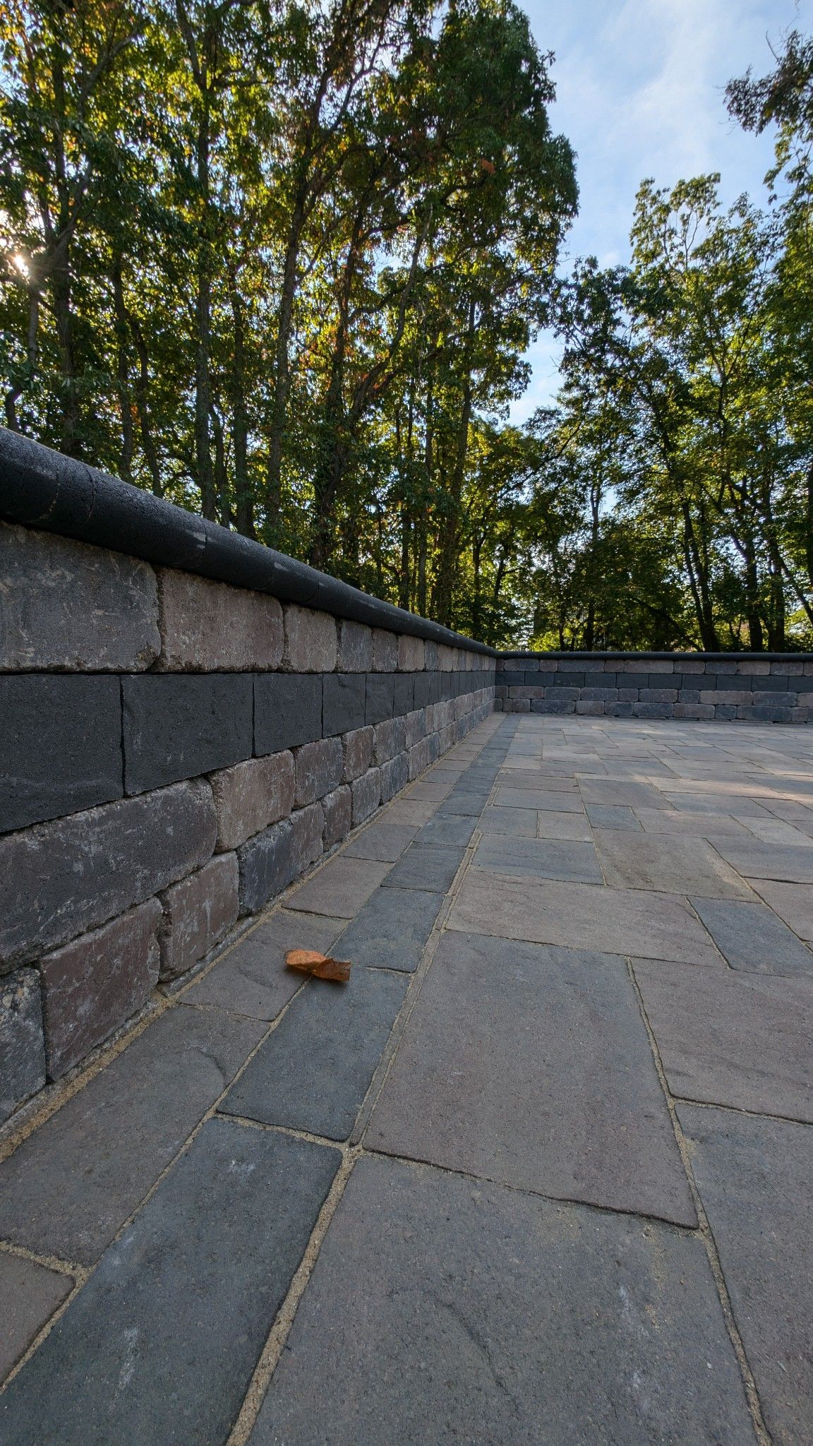 A brick walkway with trees in the background and a leaf on the ground.