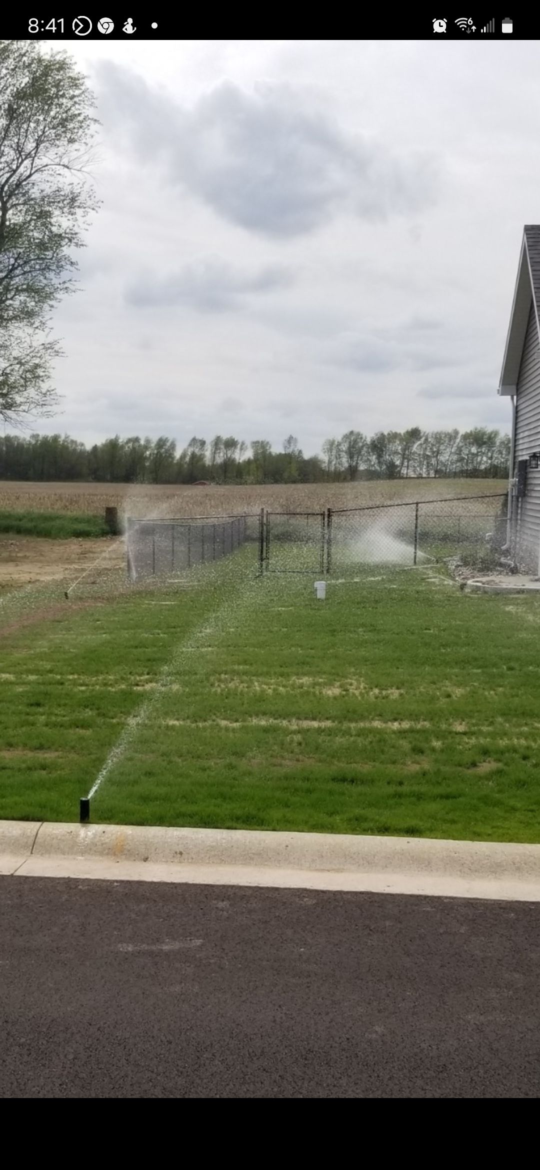 A sprinkler is spraying water on a lush green lawn.