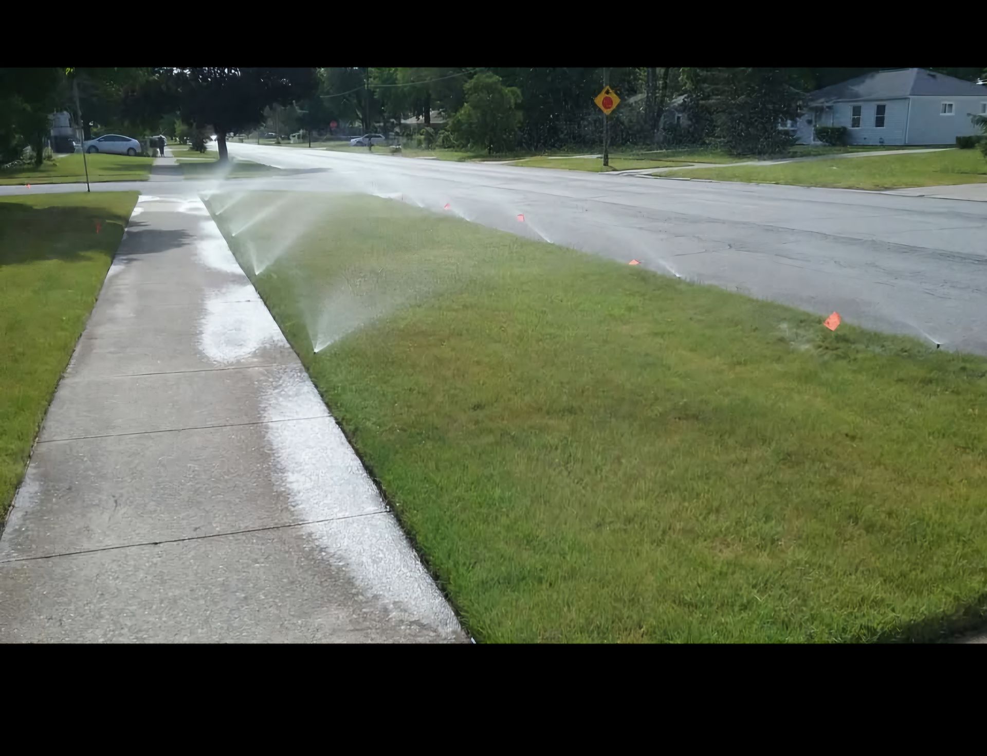 A lawn sprinkler is spraying water on a sidewalk next to a road.