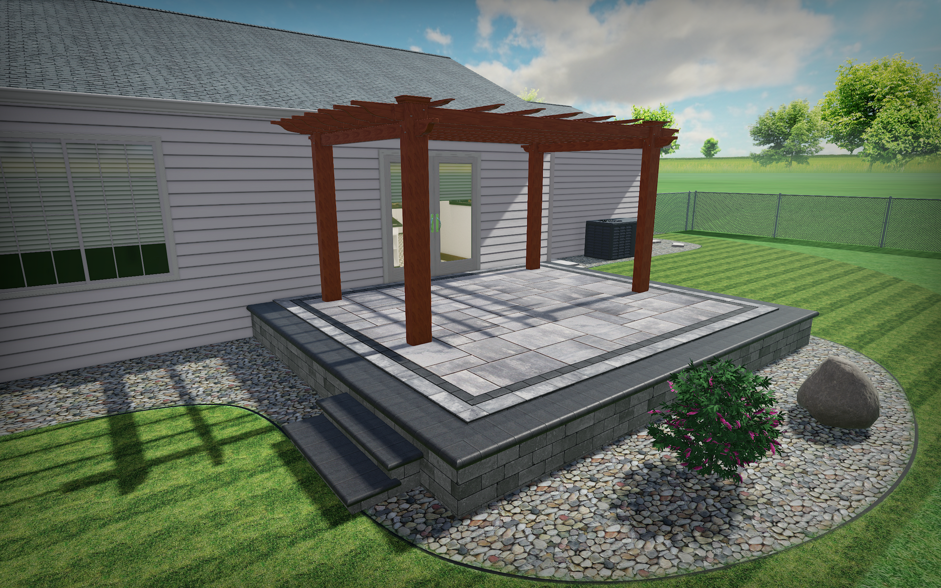 A 3d rendering of a patio with a pergola in the backyard of a house.