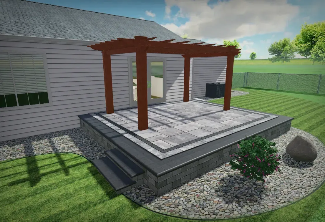 A 3d rendering of a patio with a pergola in the backyard of a house.