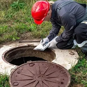 Worker in red hard hat inspecting an open manhole on a grassy roadside