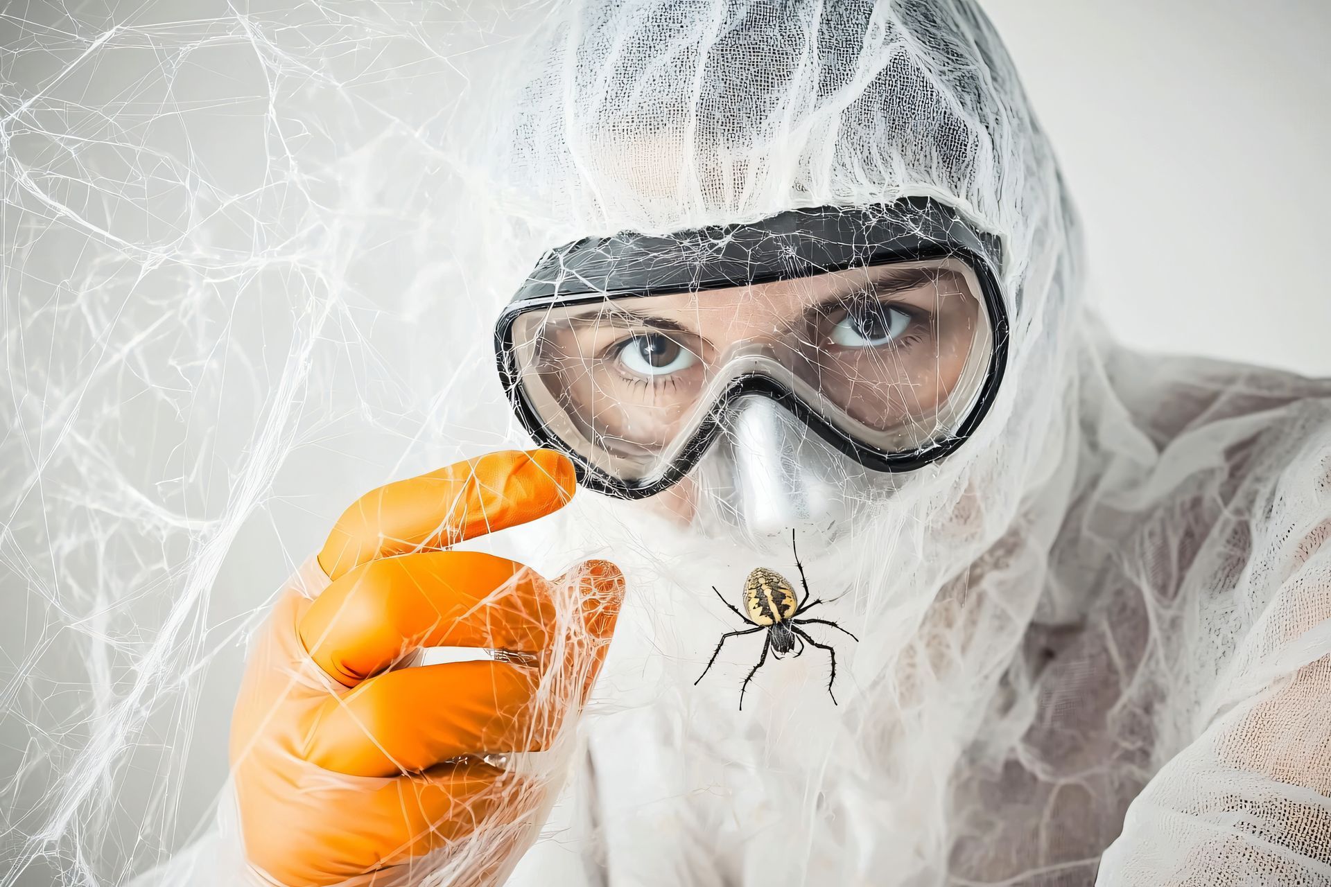 Professional spider removal technician handling spider web infestation inside residential area.