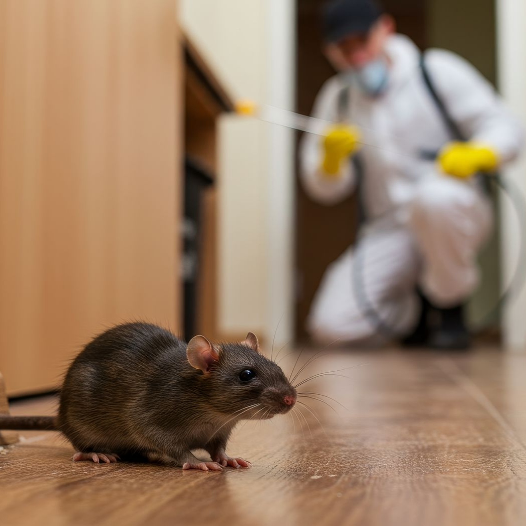 A rat in focus in a home setting, with a pest control professional blurred in the background.