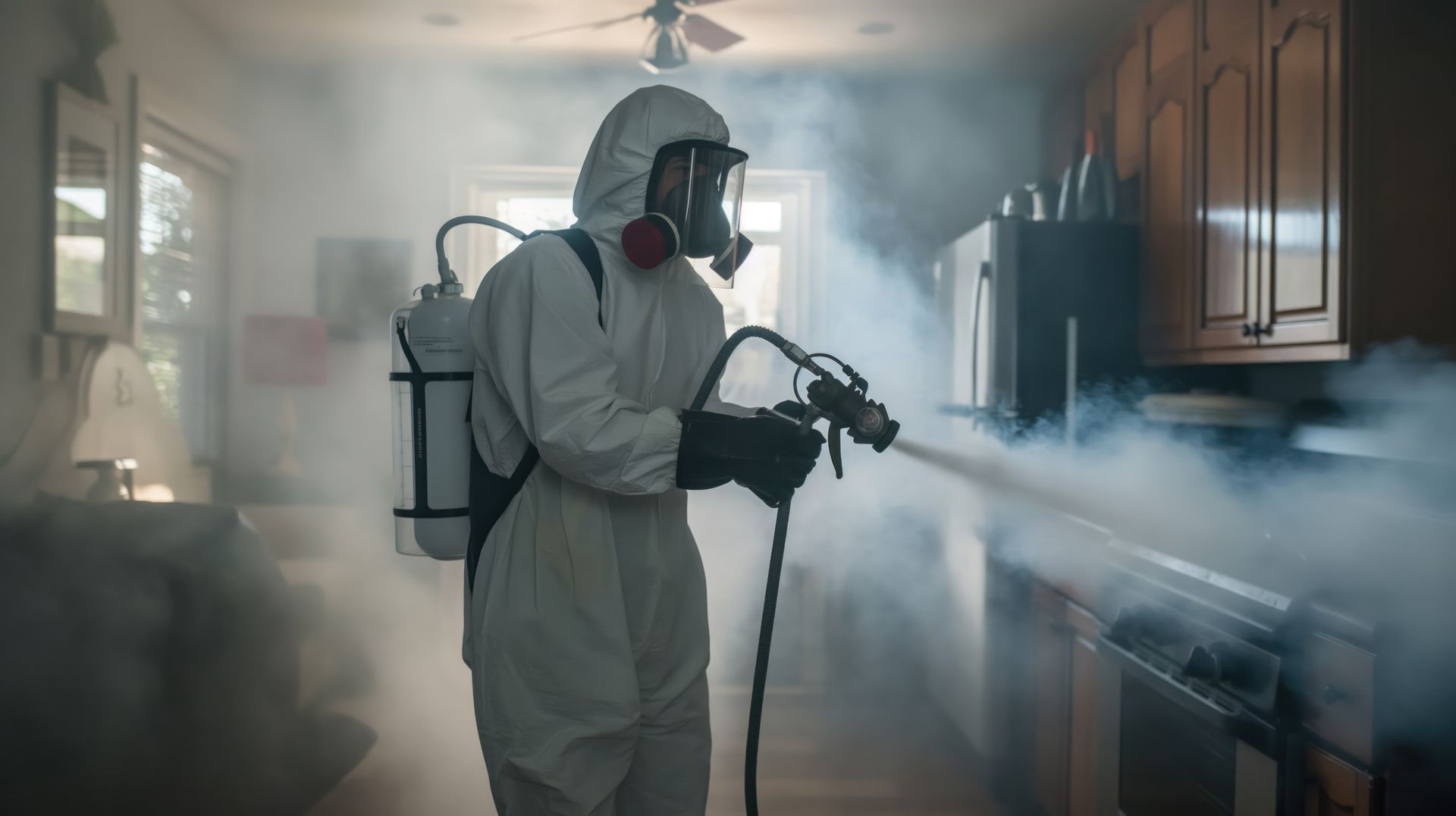 A trained exterminator applying treatment in a home with local pest control services.