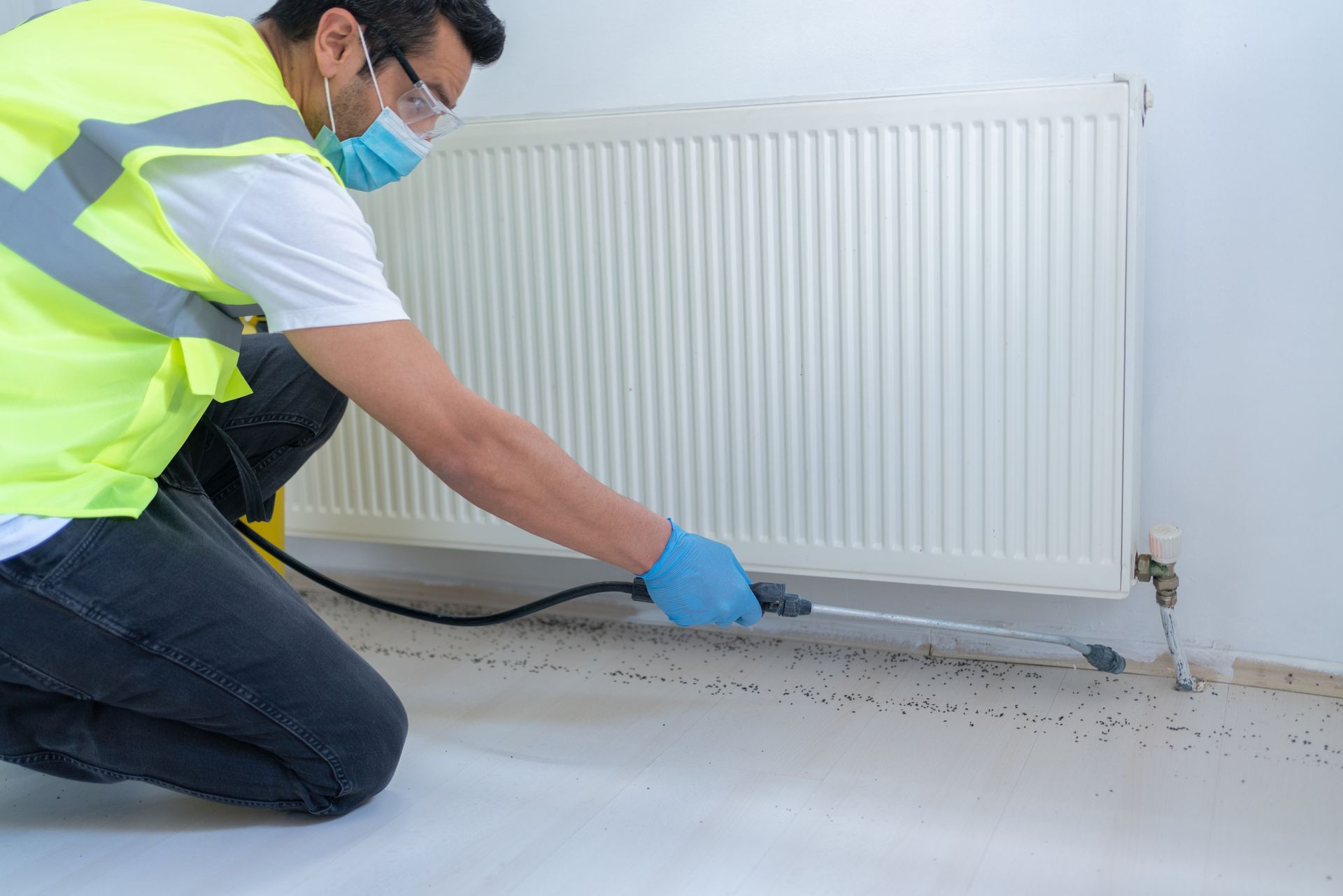 A gloved technician sprays a room, demonstrating a method used in pest control services.