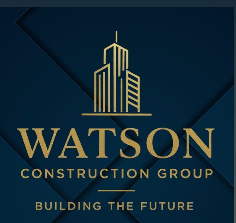 Gold logo of Watson Construction : building outline on a dark blue background, gold text below reads “Building the Future.”