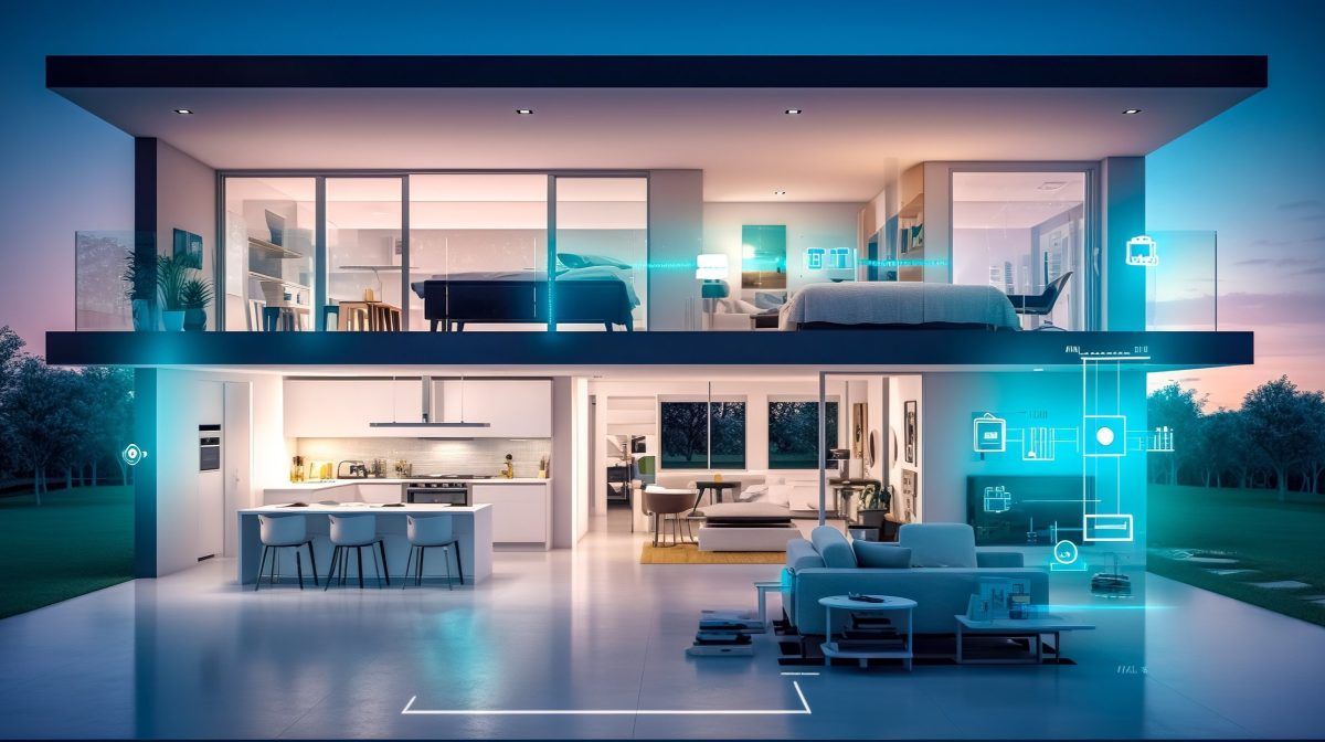 Modern two-story house interior with smart home features overlaid in blue. Kitchen, living room, and bedrooms visible.