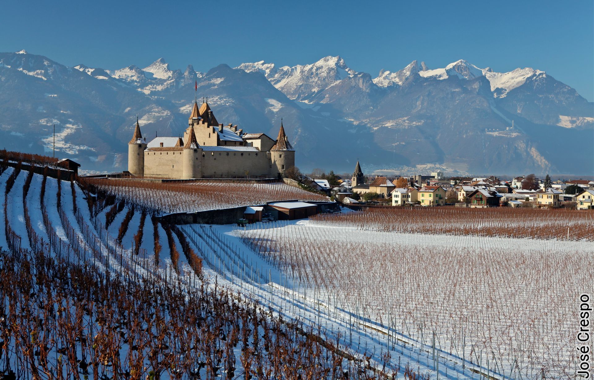 Chillon Castle in winter, snow-covered vineyards, Swiss Alps in background.