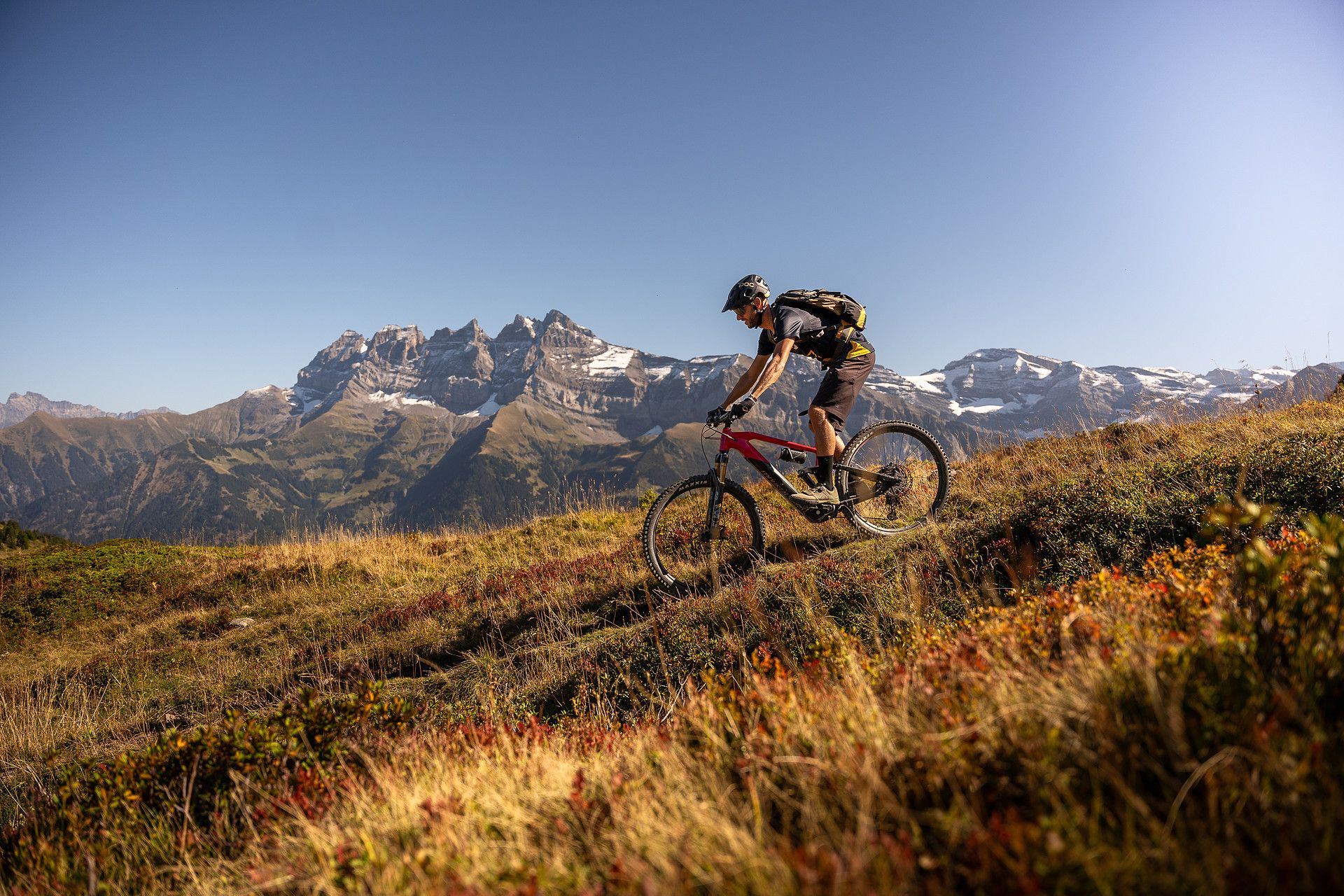 Mountain biker rides down a grassy slope with a mountain range in the background under a clear sky.