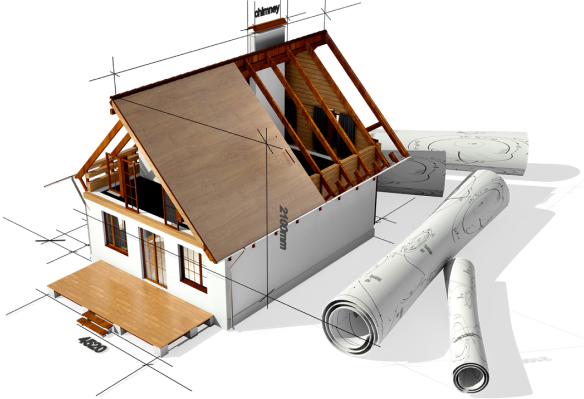 An isometric drawing of a house under construction