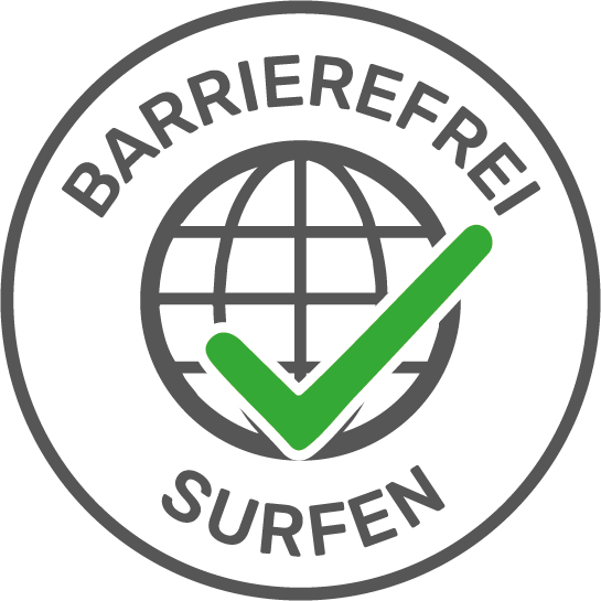Symbol für barrierefreies Surfen mit Globus und grünem Häkchen im Kreis