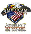 American Asphalt logo featuring a bald eagle above an American flag shield and phone number 406-544-6404.