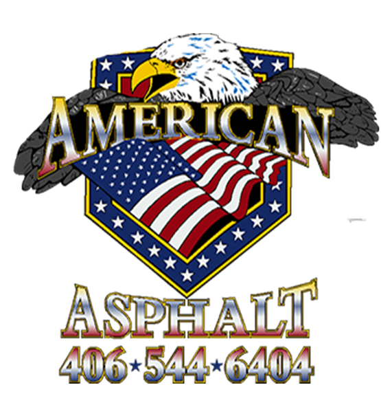 American Asphalt logo featuring a bald eagle above an American flag shield and phone number 406-544-6404.