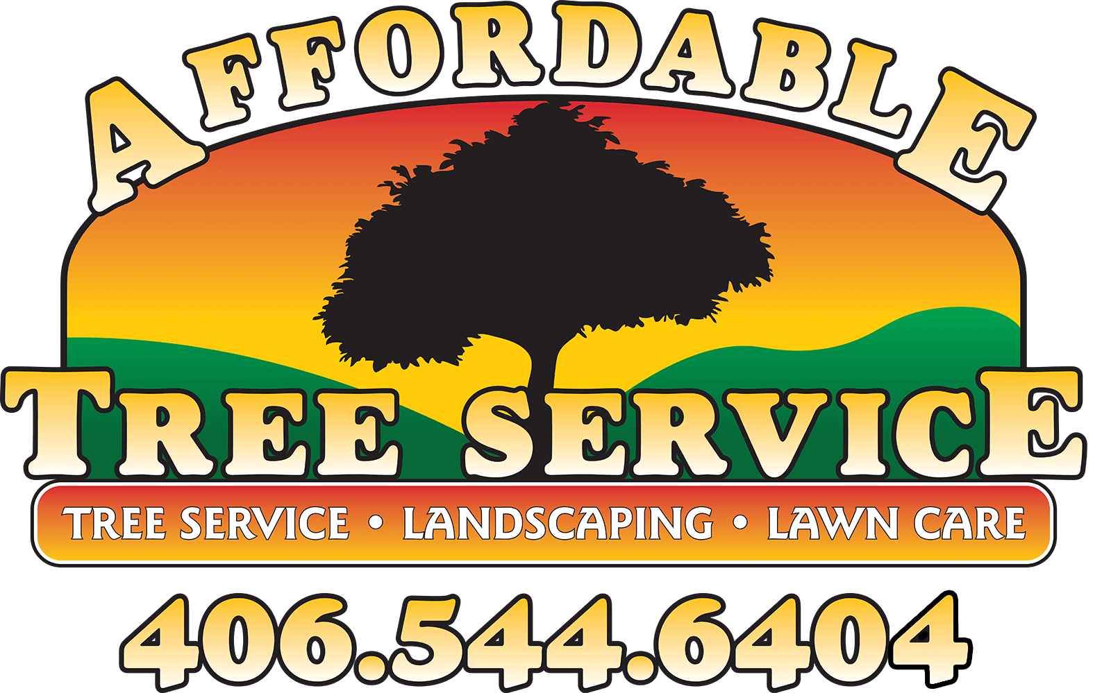 Affordable Tree Service Logo for Affordable Tree Service featuring a black tree silhouette against an orange sunset background. 406.544.6404.