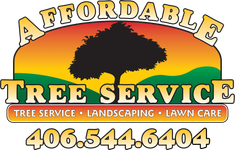 Logo for Affordable Tree Service featuring a black tree silhouette against an orange sunset background. 406.544.6404.