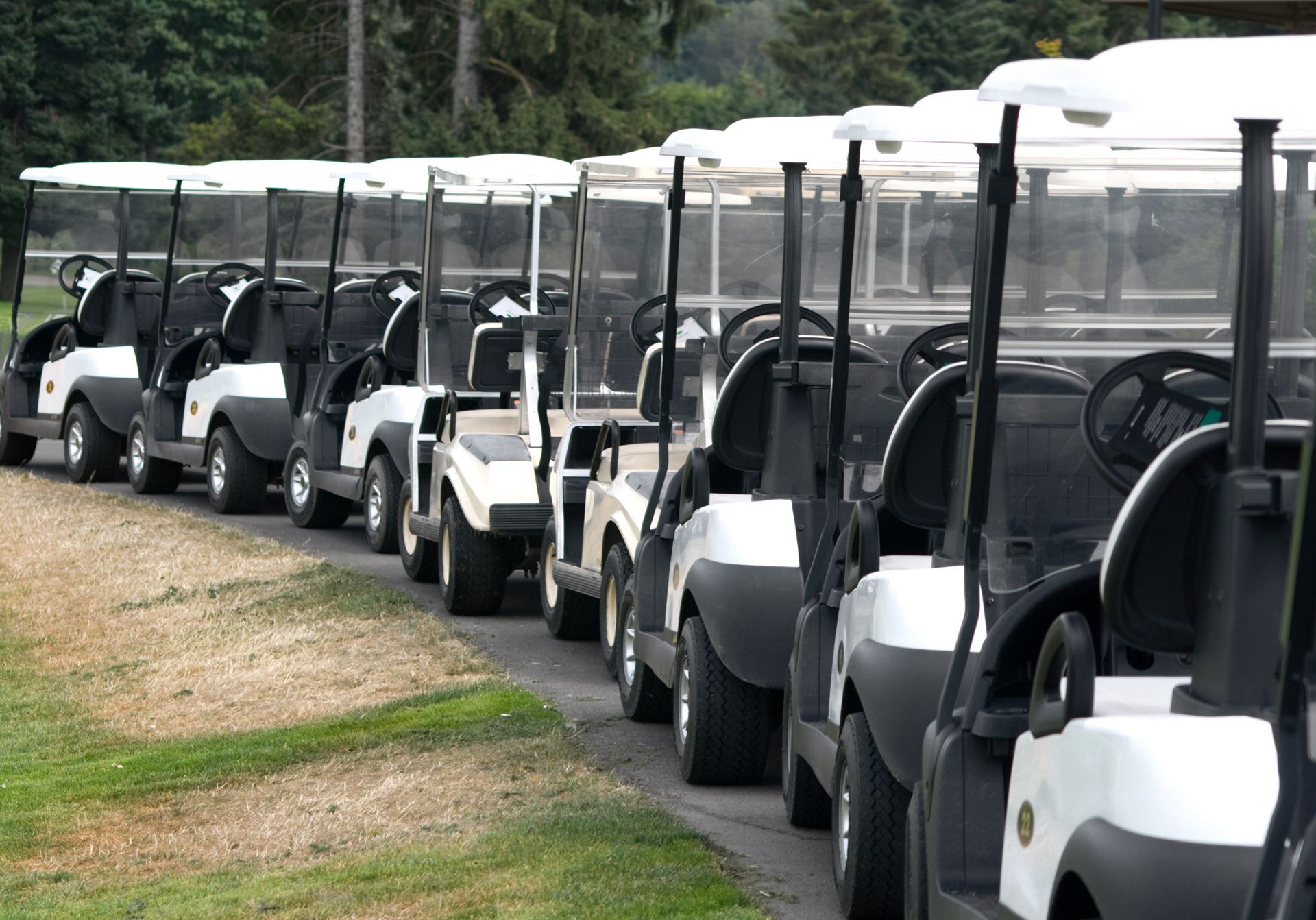 A row of golf carts are parked on the side of the road